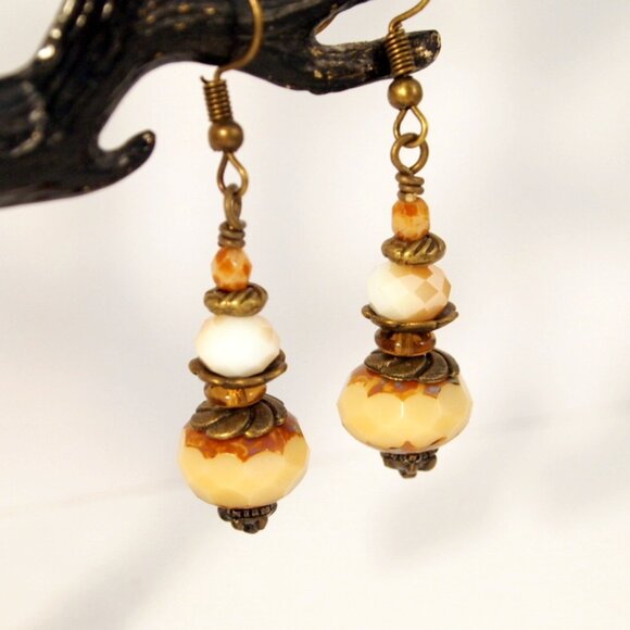 Chunky Earthy Boho Czech Glass Earrings Cream Drop Pierced or Clip-on Earrings - Picture 9 of 10